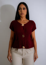 Stylish red knit long top with a flattering silhouette and texture