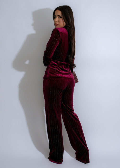 Two-piece burgundy velvet pant set with rhinestone embellishments for a glamorous look