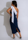 Elegant and stylish Nature's Embrace midi dress in a rich navy blue color