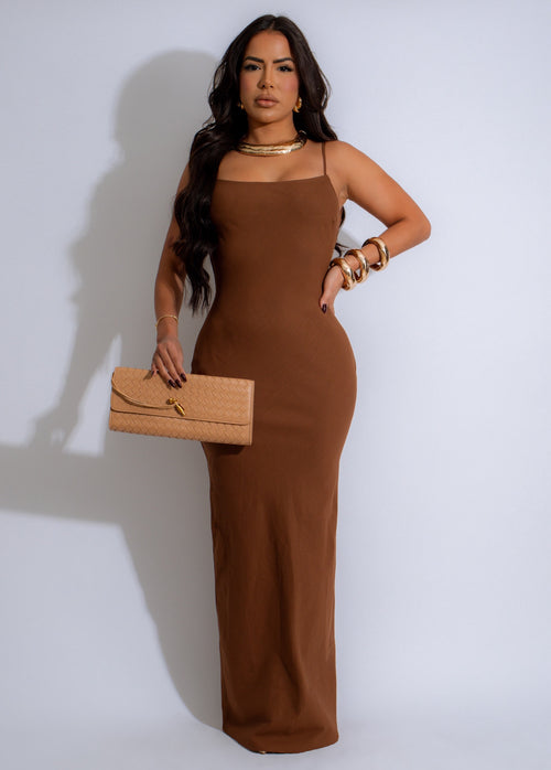 Alt text: Elegant and comfortable Sundown Slip Linen Maxi Dress in rich brown color