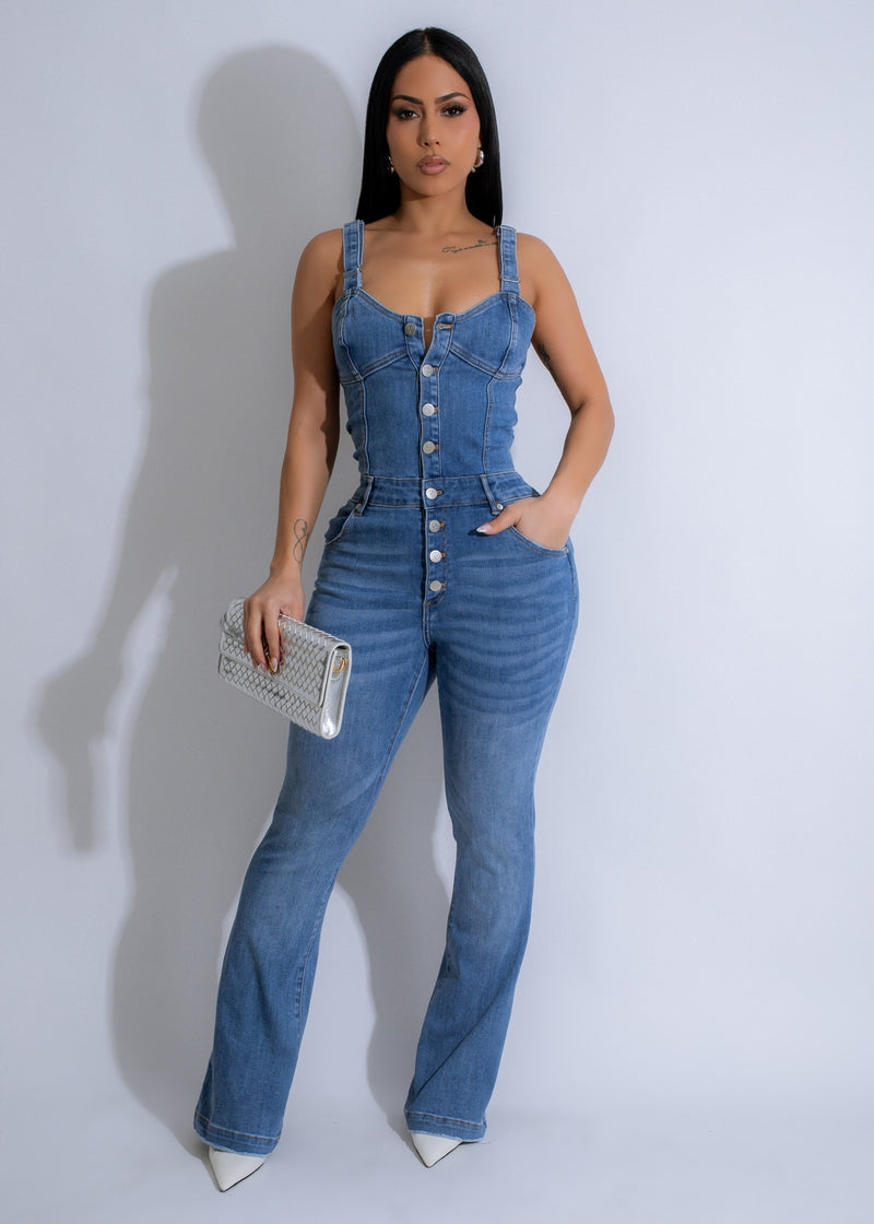 Urban Maven light denim jumpsuit with adjustable waist tie and pockets