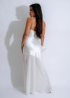  Elegant long white dress with satiny finish and celestial inspired print