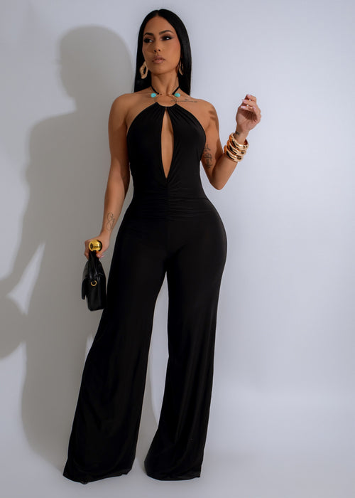 Nebula Dreamscape Jumpsuit Black, a sleek and stylish one-piece outfit for women, features a deep black color with a mesmerizing nebula print, perfect for a night out or special occasion