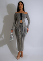 Steel Breeze Ribbed Skirt Set Grey - front view, knee-length skirt, matching top, ribbed fabric, grey color