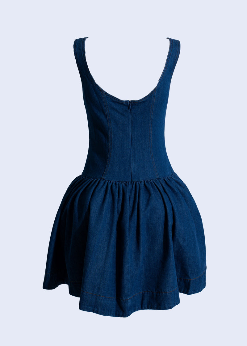 Dark Denim mini dress with button-up front and Prairie Edge design