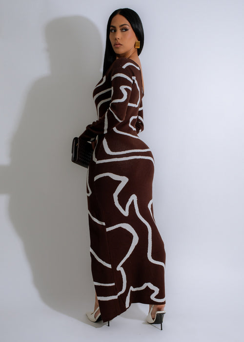 Elegant and comfortable Abstract Flow Knit Maxi Dress in rich brown color