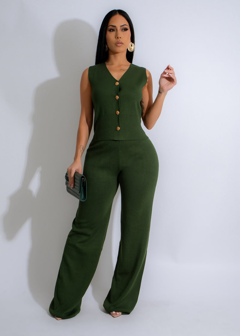 Alt text: Empyrean Knit Pant Set Green - comfortable and stylish loungewear for women