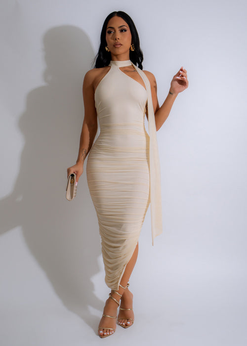 Full-length nude maxi dress with ruched detailing and delicate mesh drape 