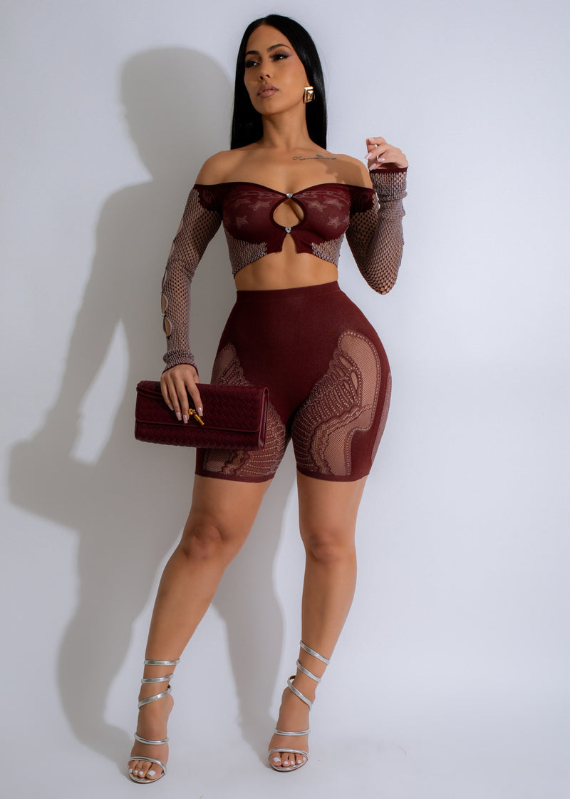 Stylish and comfortable Stellar Heart Mesh Short Set in elegant brown color