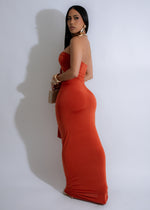 Eclipse Serpent Ruched Maxi Dress Orange, side view, adjustable ruching, elegant and stylish silhouette