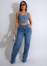 Delight Pant Set Light Denim in size small, featuring relaxed fit and adjustable drawstring waist