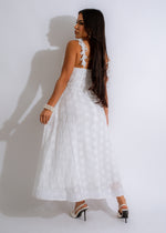 White lace midi dress with a relaxed, bohemian vibe for lazy days