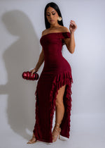 Elegant Moonlit Ruffle Maxi Dress Red with intricate lace detail