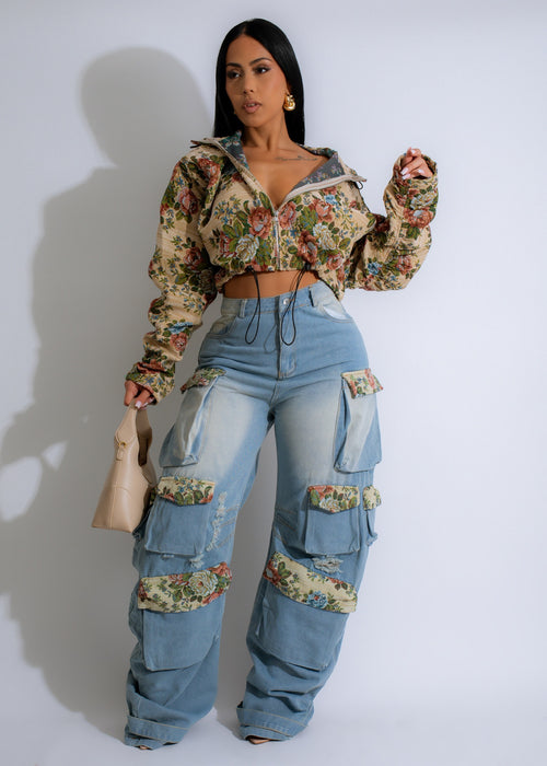 Vintage Bloom Ensemble Cargo Pant Set in Denim, featuring floral print and comfortable fit