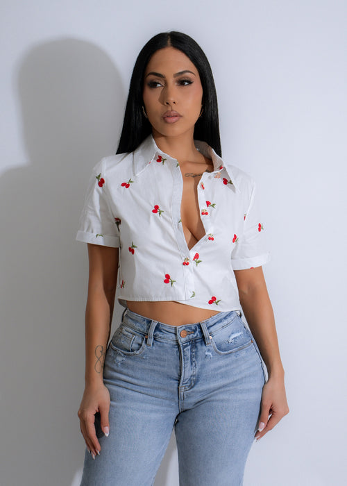 Cherry Blossom Charm Crop Top White - Front view on a mannequin