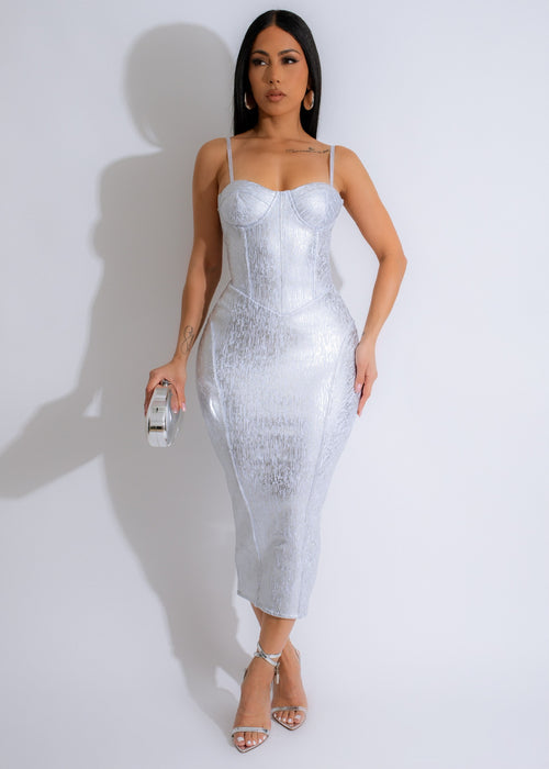 Close-up of Silver Shimmer Midi Dress White with sequin detailing