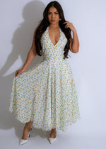 Beautiful white floral midi dress with a delicate orchard reverie pattern 