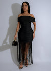 Sage Serenade Ruched Fringes Maxi Dress Black - Front View