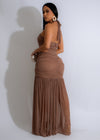 Elegant brown maxi dress with ruched mesh fabric and radiant chains