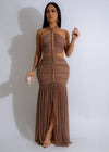 Radiant Chains Ruched Mesh Maxi Dress Brown on a mannequin