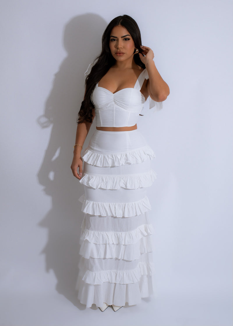 White ruffle ensemble skirt set with moonlit design perfect for evening wear