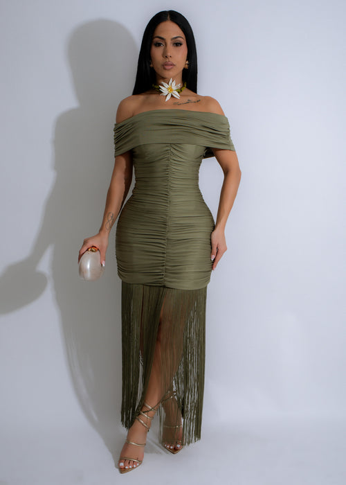 Sage Serenade Ruched Fringes Maxi Dress Green, front view, with bohemian-inspired design and flowy skirt