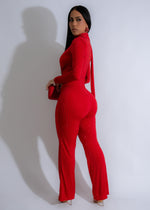  Inferno Nights Rhinestone Jumpsuit Red: Red jumpsuit adorned with shimmering rhinestones, perfect for a night of elegance and style