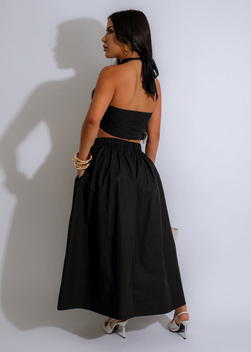 Gorgeous Shadow Symphony Skirt Set Black featuring a dramatic, high-low skirt and a stylish off-shoulder crop top, ideal for making a statement at any event