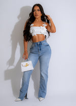 Petal Bloom Satin Crop Top White styled with high-waisted jeans for a casual chic look