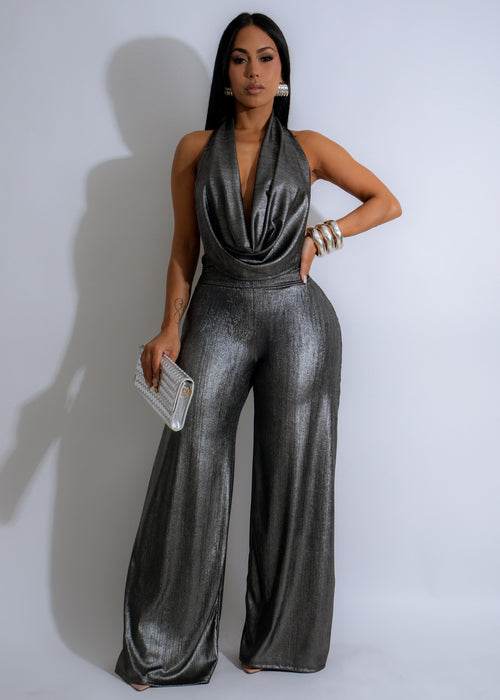 Elegant Elysian Draped Ruched Pant Set Silver for a sophisticated look