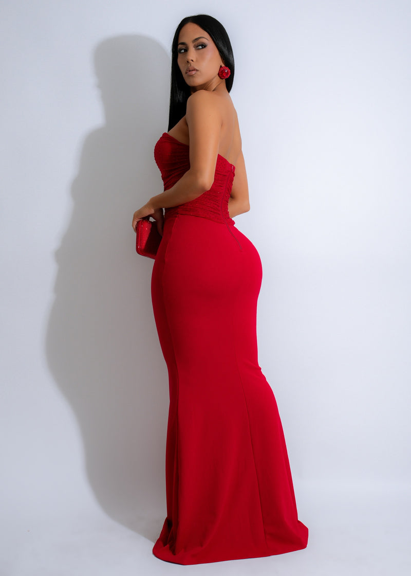  Full-length image of Scarlet Cascade Mesh Rhinestones Maxi Dress Red in vibrant red color, perfect for special occasions