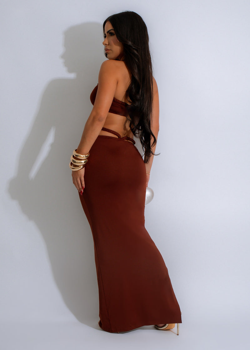  Two-piece brown skirt set with intricate braided design and exclusive look