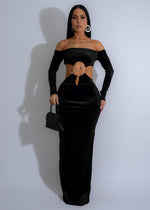 Stunning Lunar Fusion Velvet Maxi Dress in a luxurious black color