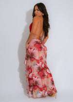 The Scarlet Bloom Ruched Lace Floral Maxi Dress Red