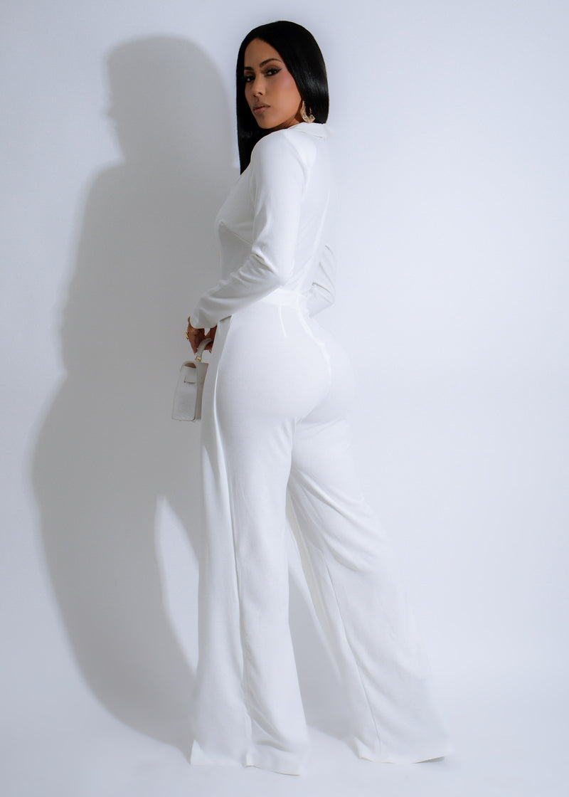  Front view of the Black Tie Glam Jumpsuit White, a stylish and elegant one-piece outfit with a cinched waist and sophisticated design