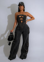 Steel Rebel Denim Jumpsuit Black: A sleek and edgy one-piece outfit with a flattering silhouette and trendy design