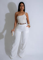 Close up of Luxe Loom Pearls Crochet Pant Set White with intricate crochet details and pearl embellishments