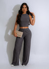 Dark grey pant set with a high-waisted design and comfortable fit