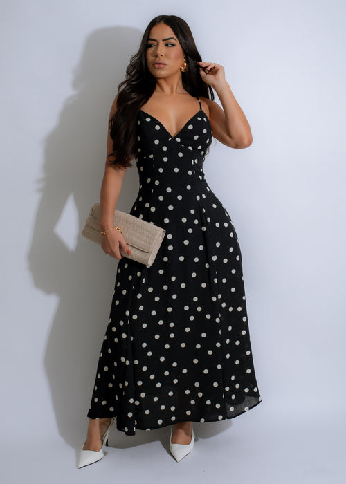 Black Midnight Whimsy Midi Dress featuring off-the-shoulder neckline and A-line silhouette