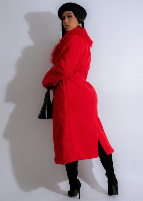 Stylish and cozy red plush coat perfect for chilly evenings