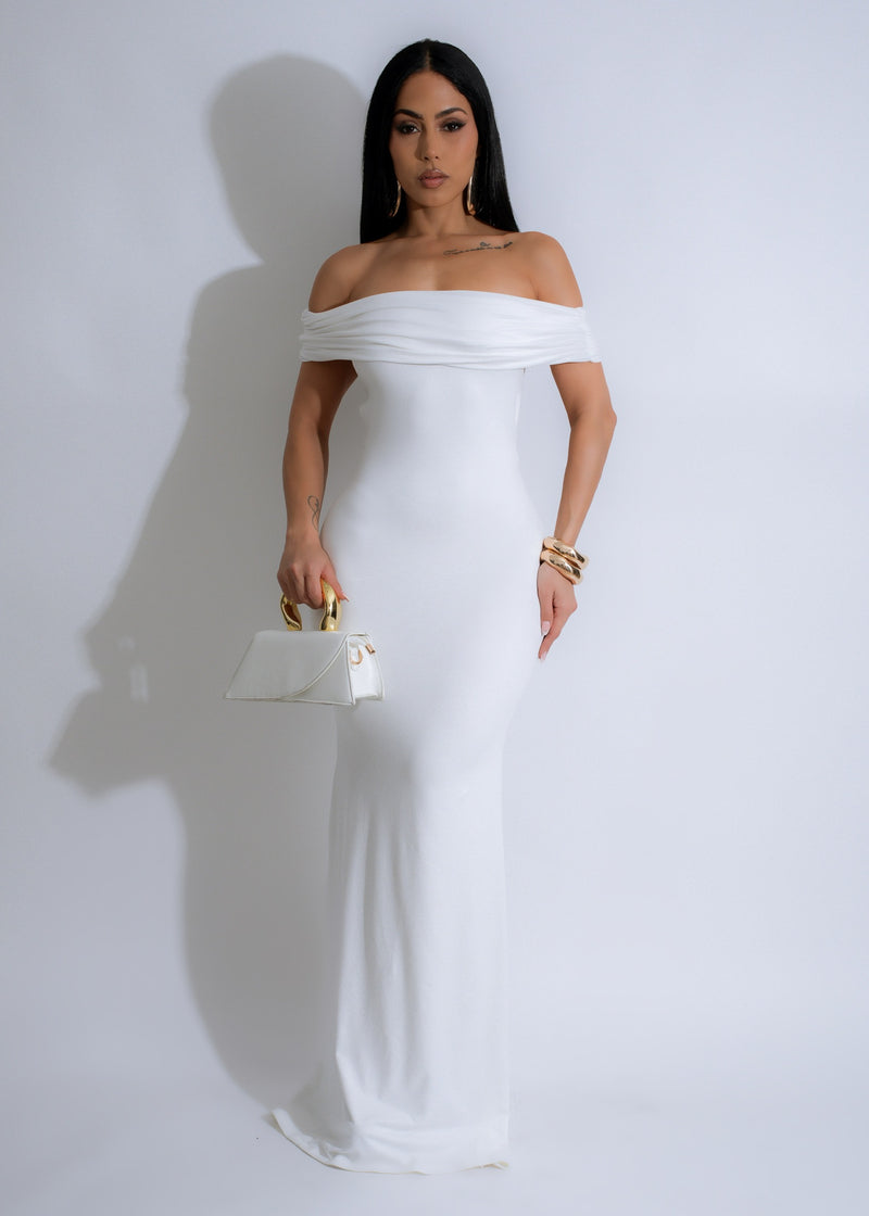 Eclipse Allure Ruched Maxi Dress White - Front view of elegant, flowing white dress with ruched bodice and v-neckline 