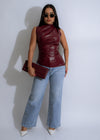 Red faux leather long top with sculpted detailing for a luxurious look