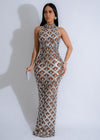 Diamond Radiance Rhinestones Sequin Maxi Dress Brown with shimmering sequins and rhinestones, perfect for elegant evenings 