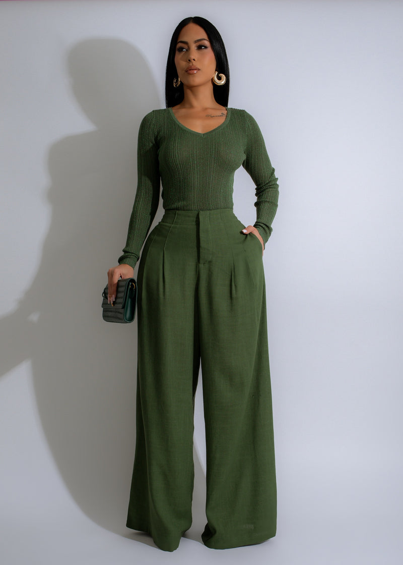 Serene Flow Ribbed Linen Pant Set Green