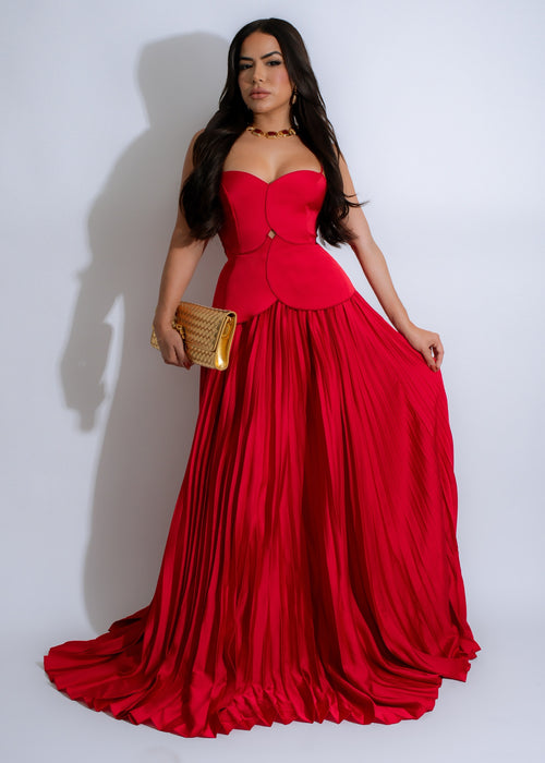 Close-up of Scarlet Symphony Satin Maxi Dress in vibrant red, with elegant sheen and flowing silhouette, perfect for evening events or formal occasions