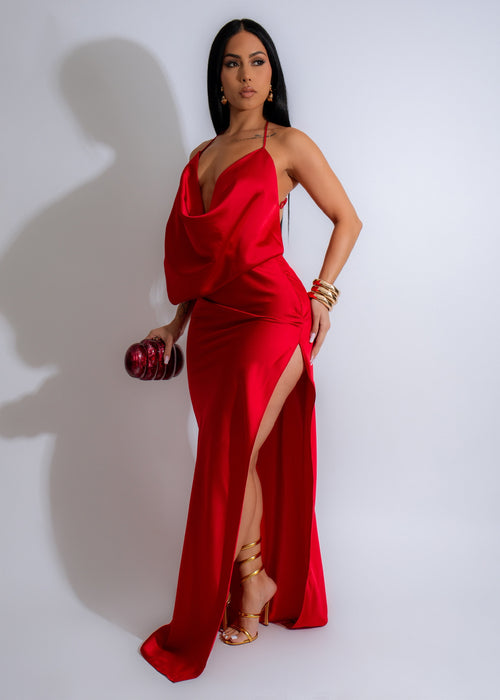 Close-up of the luxurious red satin fabric of the Moonlit Satin Slip Maxi Dress