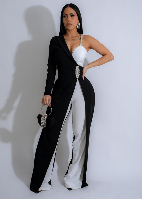 Stunning black jumpsuit adorned with sparkling Stellar Fusion rhinestones