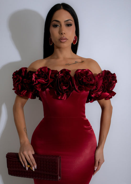 Close-up of the intricate rosette detail on the bodice of the Rosette Majesty Satin Floral Maxi Dress Red