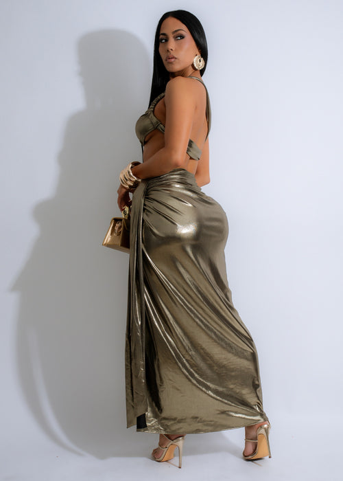 Gold ruched skirt set with matching crop top for on-trend style