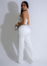 Model wearing Luxe Loom Pearls Crochet Pant Set White, showcasing the elegant and stylish design with a comfortable fit